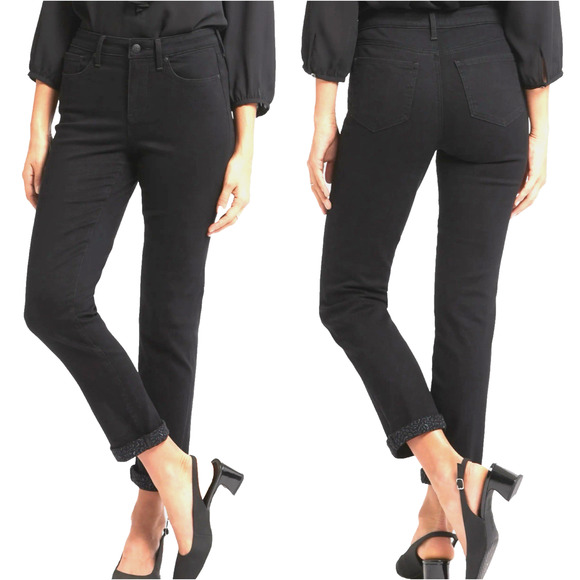 NWT‎ NYDJ Sheri Slim Ankle Jean in Black Rinse Cheetah Cuffed Hem Size 6 - Picture 1 of 12